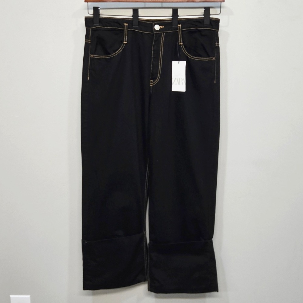 Zara‎ Wide Leg Jeans Womens 14 Black Contrast Stitch Cuffed High Rise Retro Y2K